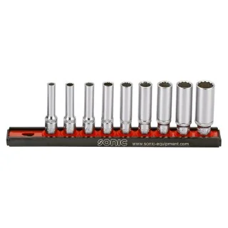 Flank socket set 1/4" 12-point deep on rail SAE 9-pcs.