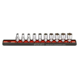 Flank socket set 1/4" 6-point on rail 10-pcs.