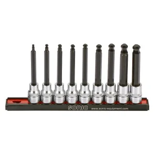 Bit socket set 3/8" hex with ball end on rail 9-pcs.