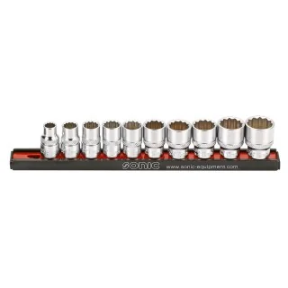 Flank socket set 3/8" 12-point on rail 10-pcs.