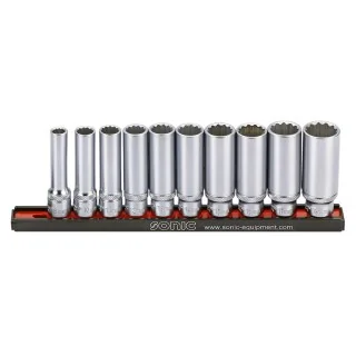 Flank socket set 3/8" 12-point deep on rail 10-pcs.