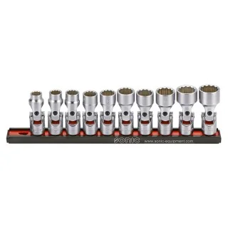 Cardan socket set 3/8" 12-point on rail 10-pcs.